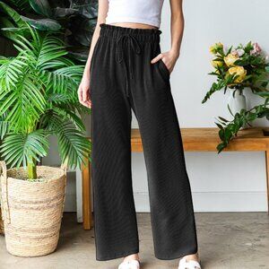 B9 Solid Urban Ribbed Casual Pants Drawstrings Pockets Black NEW